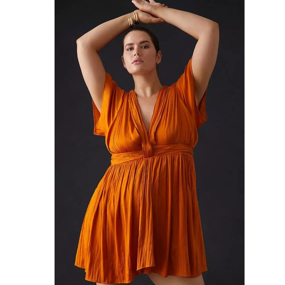 By Anthropologie Deep V-Neck Vibrant Mini Dress Orange Size 12 - Picture 2 of 12